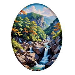 Serene Mountain Waterfall Landscape Oval Glass Fridge Magnet (4 Pack) by ExtraGoodSauce