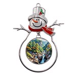 Serene Mountain Waterfall Landscape Metal Snowman Ornament Front