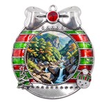 Serene Mountain Waterfall Landscape Metal X Mas Ribbon With Red Crystal Round Ornament Front