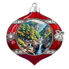 Serene Mountain Waterfall Landscape Metal Snowflake And Bell Red Ornament by ExtraGoodSauce