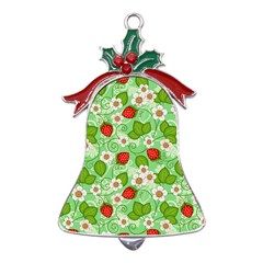 Strawberries Pattern Seamless Metal Holly Leaf Bell Ornament by Posterlux