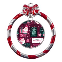 Christmas Santa Claus Metal Red Ribbon Round Ornament