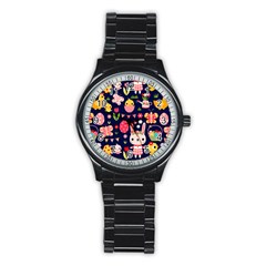 Bunny - Easter Pattern Stainless Steel Round Watch by kyorashop23