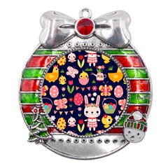 Bunny - Easter Pattern Metal X mas Ribbon With Red Crystal Round Ornament