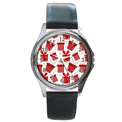 Christmas Texture, Pattern, Red, Craciun, Christmas, Bow, Gift Round Metal Watch