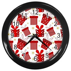 Christmas Texture, Pattern, Red, Craciun, Christmas, Bow, Gift Wall Clock (black)