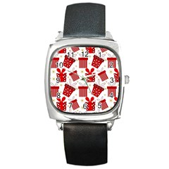 Christmas Texture, Pattern, Red, Craciun, Christmas, Bow, Gift Square Metal Watch