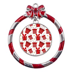 Christmas Texture, Pattern, Red, Craciun, Christmas, Bow, Gift Metal Red Ribbon Round Ornament