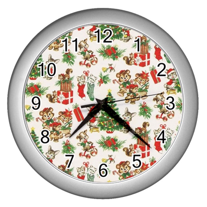 Christmas Texture, Pattern, Red, Tree, Craciun, Green, Christmas Wall Clock (Silver)