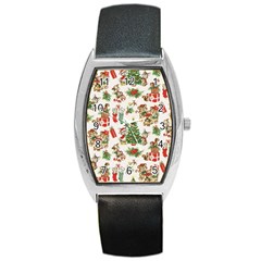 Christmas Texture, Pattern, Red, Tree, Craciun, Green, Christmas Barrel Style Metal Watch by kyorashop23