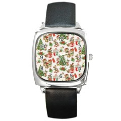 Christmas Texture, Pattern, Red, Tree, Craciun, Green, Christmas Square Metal Watch by kyorashop23