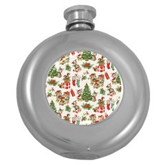 Christmas Texture, Pattern, Red, Tree, Craciun, Green, Christmas Round Hip Flask (5 Oz)