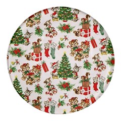 Christmas Texture, Pattern, Red, Tree, Craciun, Green, Christmas Round Glass Fridge Magnet (4 Pack)