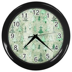 Green Christmas Trees, Cute, Doodle Wall Clock (black) by kyorashop23