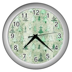 Green Christmas Trees, Cute, Doodle Wall Clock (silver)