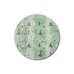 Green Christmas Trees, Cute, Doodle Rubber Coaster (round)