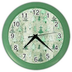 Green Christmas Trees, Cute, Doodle Color Wall Clock