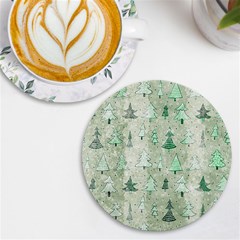 Green Christmas Trees, Cute, Doodle Uv Print Round Tile Coaster by kyorashop23