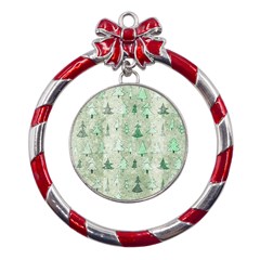 Green Christmas Trees, Cute, Doodle Metal Red Ribbon Round Ornament