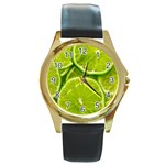 Lime Slices Close Up, Fresh, Fruit, Green Lemon Round Gold Metal Watch Front