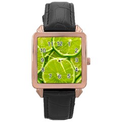 Lime Slices Close Up, Fresh, Fruit, Green Lemon Rose Gold Leather Watch  by kyorashop23