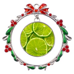 Lime Slices Close Up, Fresh, Fruit, Green Lemon Metal X mas Wreath Ribbon Ornament