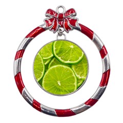 Lime Slices Close Up, Fresh, Fruit, Green Lemon Metal Red Ribbon Round Ornament