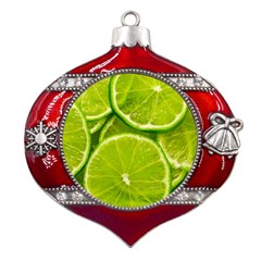 Lime Slices Close Up, Fresh, Fruit, Green Lemon Metal Snowflake And Bell Red Ornament