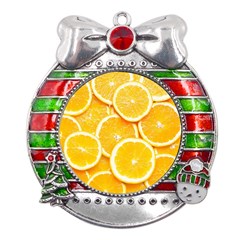 Oranges, Orange, Fruits Metal X mas Ribbon With Red Crystal Round Ornament by kyorashop23