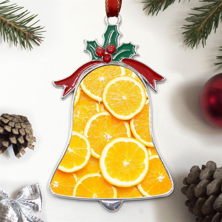 Oranges, Orange, Fruits Metal Holly Leaf Bell Ornament