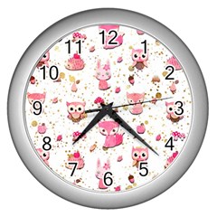 Pink Woodland Animals, Koteto Wall Clock (silver) by kyorashop23