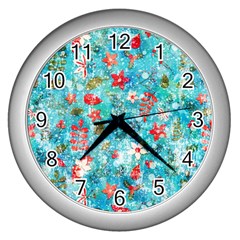 Snowy Winter Foliage, Adoxali, Christmas, Berry, Blue Wall Clock (silver)