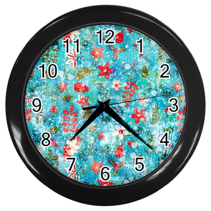 Snowy Winter Foliage, Adoxali, Christmas, Berry, Blue Wall Clock (Black)