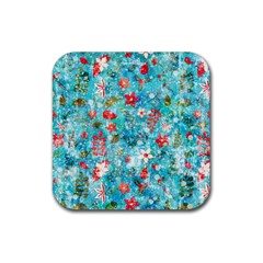 Snowy Winter Foliage, Adoxali, Christmas, Berry, Blue Rubber Coaster (square) by kyorashop23