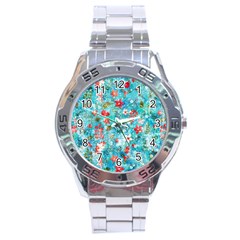 Snowy Winter Foliage, Adoxali, Christmas, Berry, Blue Stainless Steel Analogue Watch by kyorashop23