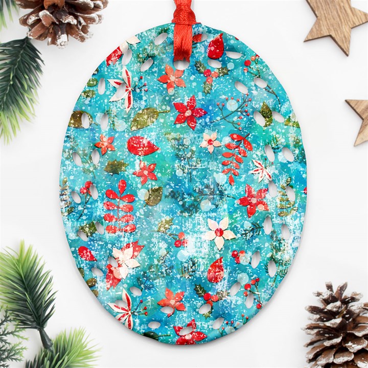 Snowy Winter Foliage, Adoxali, Christmas, Berry, Blue Oval Filigree Ornament (Two Sides)