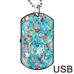 Snowy Winter Foliage, Adoxali, Christmas, Berry, Blue Dog Tag Usb Flash (one Side) by kyorashop23