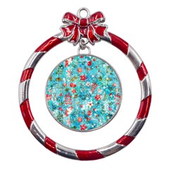 Snowy Winter Foliage, Adoxali, Christmas, Berry, Blue Metal Red Ribbon Round Ornament