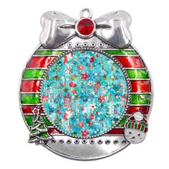 Snowy Winter Foliage, Adoxali, Christmas, Berry, Blue Metal X mas Ribbon With Red Crystal Round Ornament