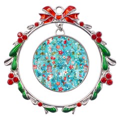 Snowy Winter Foliage, Adoxali, Christmas, Berry, Blue Metal X mas Wreath Ribbon Ornament