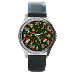 Texture, Pattern, Red, Craciun, Christmas, Hat, Santa, Green Round Metal Watch