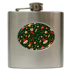 Texture, Pattern, Red, Craciun, Christmas, Hat, Santa, Green Hip Flask (6 Oz)