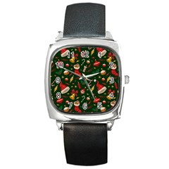 Texture, Pattern, Red, Craciun, Christmas, Hat, Santa, Green Square Metal Watch