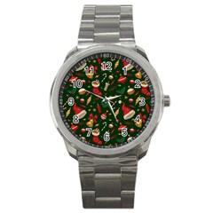 Texture, Pattern, Red, Craciun, Christmas, Hat, Santa, Green Sport Metal Watch