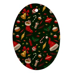 Texture, Pattern, Red, Craciun, Christmas, Hat, Santa, Green Oval Ornament (two Sides) by kyorashop23