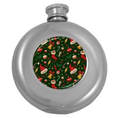 Texture, Pattern, Red, Craciun, Christmas, Hat, Santa, Green Round Hip Flask (5 Oz) by kyorashop23