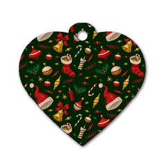 Texture, Pattern, Red, Craciun, Christmas, Hat, Santa, Green Dog Tag Heart (one Side)