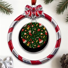 Texture, Pattern, Red, Craciun, Christmas, Hat, Santa, Green Metal Red Ribbon Round Ornament