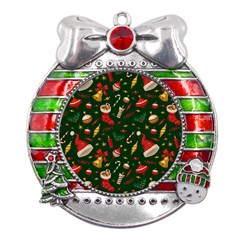 Texture, Pattern, Red, Craciun, Christmas, Hat, Santa, Green Metal X mas Ribbon With Red Crystal Round Ornament