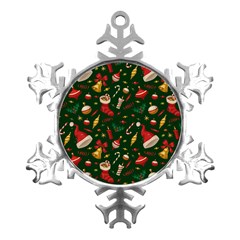 Texture, Pattern, Red, Craciun, Christmas, Hat, Santa, Green Metal Small Snowflake Ornament by kyorashop23